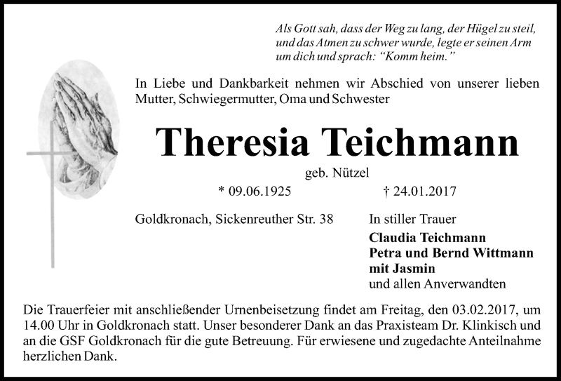  Traueranzeige für Theresia Teichmann vom 31.01.2017 aus Nordbayerischer Kurier