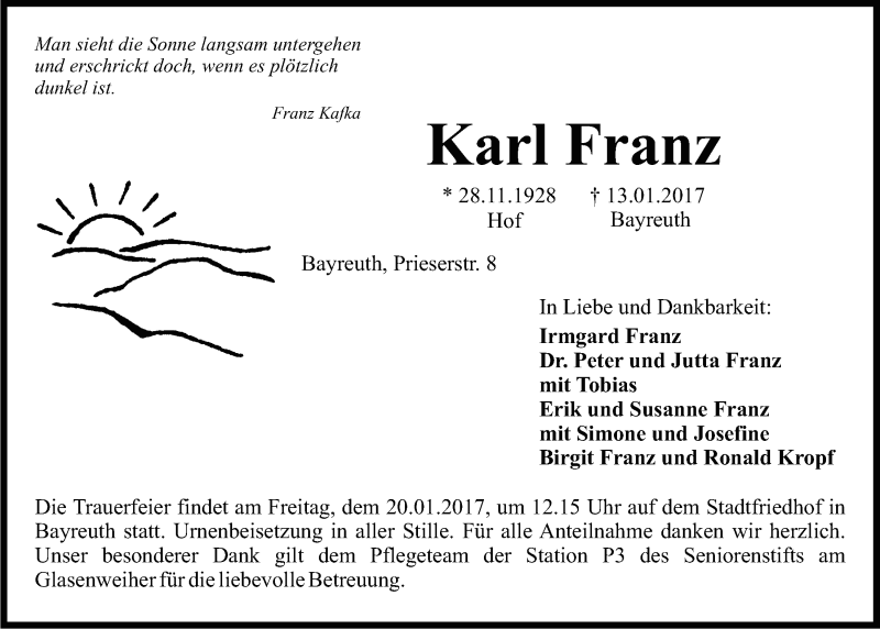  Traueranzeige für Karl Franz vom 18.01.2017 aus Nordbayerischer Kurier