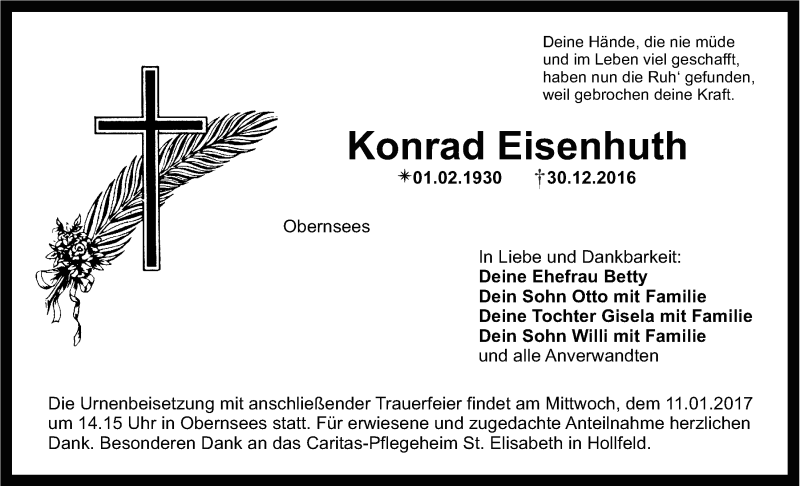  Traueranzeige für Konrad Eisenhuth vom 09.01.2017 aus Nordbayerischer Kurier