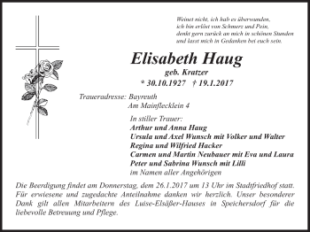 Anzeige von Elisabeth Haug von Nordbayerischer Kurier