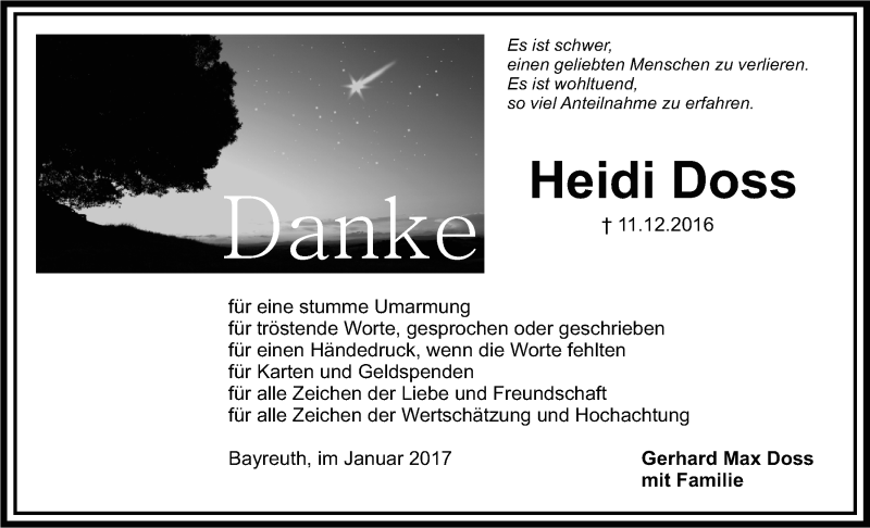  Traueranzeige für Heidi Doss vom 14.01.2017 aus Nordbayerischer Kurier
