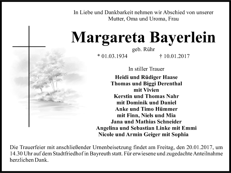  Traueranzeige für Margareta Bayerlein vom 17.01.2017 aus Nordbayerischer Kurier