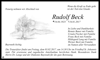 Anzeige von Rudolf Beck von Nordbayerischer Kurier