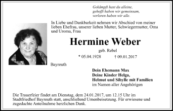 Anzeige von Hermine Weber von Nordbayerischer Kurier