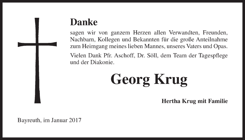  Traueranzeige für Georg Krug vom 21.01.2017 aus Nordbayerischer Kurier