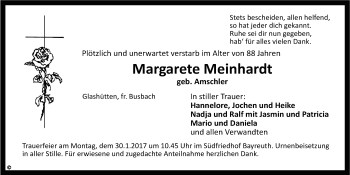 Anzeige von Margarete Meinhardt von Nordbayerischer Kurier