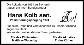 Anzeige von Hans Kolb von Nordbayerischer Kurier