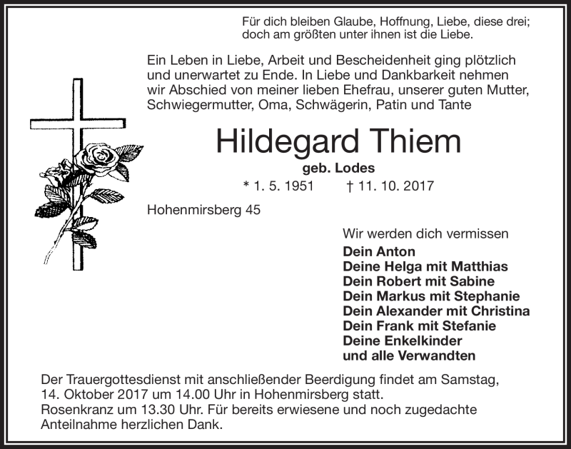  Traueranzeige für Hildegard Thiem vom 13.10.2017 aus Nordbayerischer Kurier