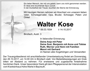 Anzeige von Walter Kose von Nordbayerischer Kurier