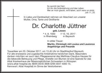 Anzeige von Charlotte Jüttner von Nordbayerischer Kurier