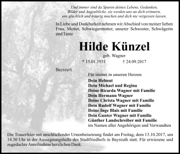 Anzeige von Hilde Künzel von Nordbayerischer Kurier