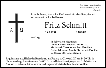 Anzeige von Fritz Schmitt von Nordbayerischer Kurier