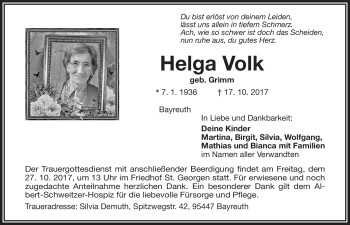 Anzeige von Helga Volk von Nordbayerischer Kurier