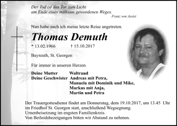 Anzeige von Thomas Demuth von Nordbayerischer Kurier