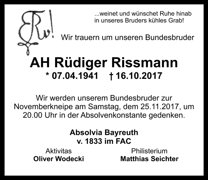  Traueranzeige für Rüdiger Rissmann vom 26.10.2017 aus Nordbayerischer Kurier