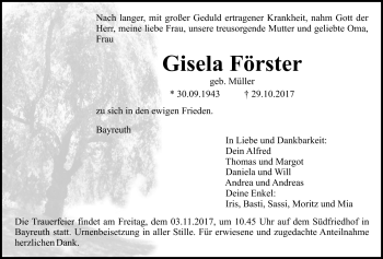Anzeige von Giesela Förster von Nordbayerischer Kurier