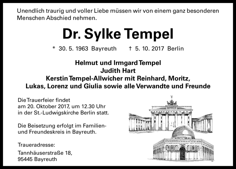  Traueranzeige für Sylke Tempel vom 14.10.2017 aus Nordbayerischer Kurier
