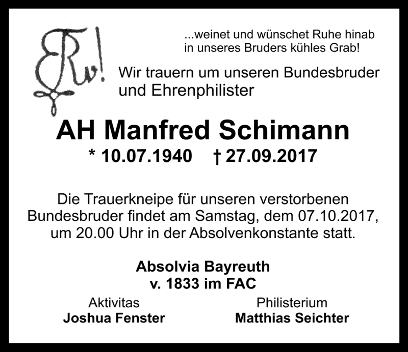  Traueranzeige für Manfred Schimann vom 03.10.2017 aus Nordbayerischer Kurier