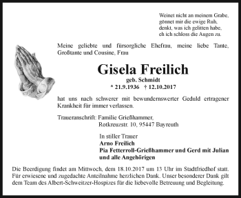 Anzeige von Gisela Freilich von Nordbayerischer Kurier