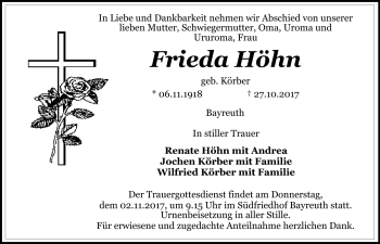 Anzeige von Frieda Höhn von Nordbayerischer Kurier