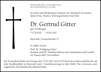 Anzeige von Gertrud Gitter von Nordbayerischer Kurier