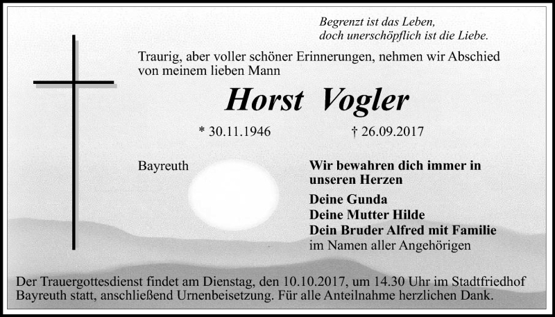  Traueranzeige für Horst Vogler vom 07.10.2017 aus Nordbayerischer Kurier