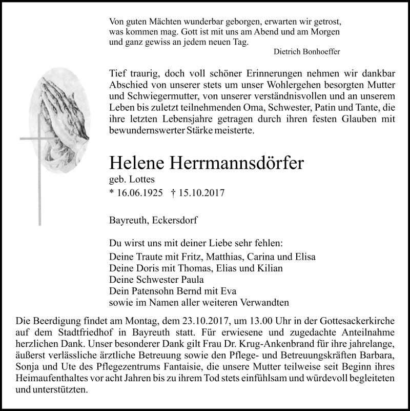  Traueranzeige für Helene Herrmannsdörfer vom 20.10.2017 aus Nordbayerischer Kurier