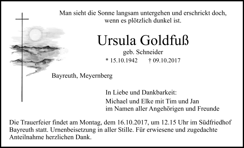  Traueranzeige für Ursula Goldfuß vom 13.10.2017 aus Nordbayerischer Kurier