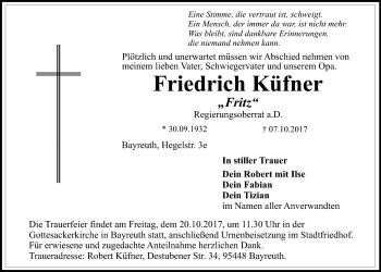 Anzeige von Friedrich Küfner von Nordbayerischer Kurier