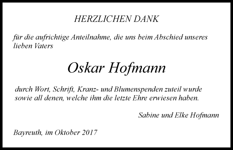  Traueranzeige für Oskar Hofmann vom 28.10.2017 aus Nordbayerischer Kurier