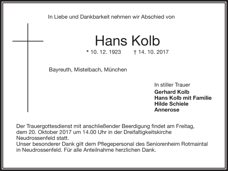  Traueranzeige für Hans Kolb vom 17.10.2017 aus Nordbayerischer Kurier