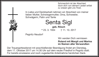 Anzeige von Senta Sigl von Nordbayerischer Kurier