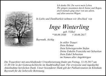 Anzeige von Inge Winterling von Nordbayerischer Kurier