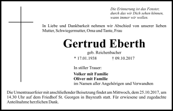 Anzeige von Gertrud Eberth von Nordbayerischer Kurier