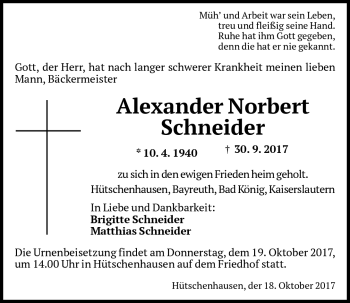 Anzeige von Alexander Norbert Schneider von Nordbayerischer Kurier