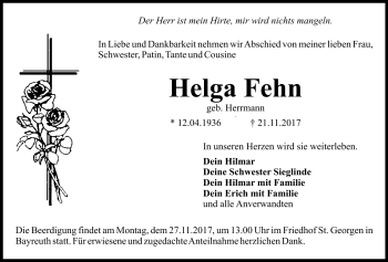 Anzeige von Helga Fehn von Nordbayerischer Kurier