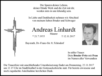 Anzeige von Andreas Linhardt von Nordbayerischer Kurier