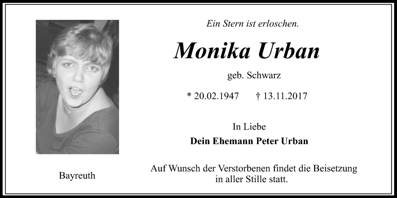  Traueranzeige für Monika Urban vom 18.11.2017 aus Nordbayerischer Kurier