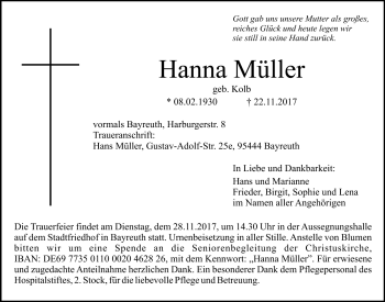 Anzeige von Hanna Müller von Nordbayerischer Kurier