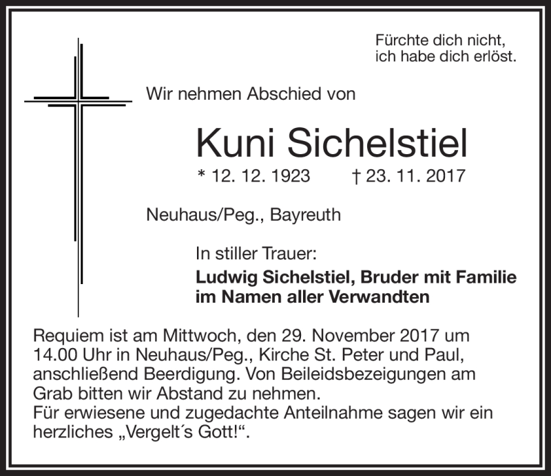  Traueranzeige für Kuni Sichelstiel vom 28.11.2017 aus Nordbayerischer Kurier