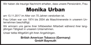 Anzeige von Monika Urban von Nordbayerischer Kurier