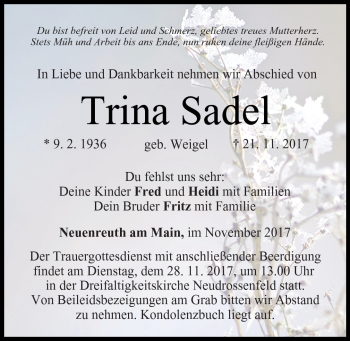 Anzeige von Trina Sadel von Nordbayerischer Kurier