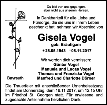 Anzeige von Gisela Vogel von Nordbayerischer Kurier