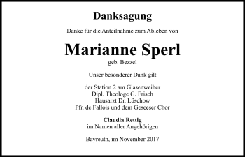 Anzeige von Marianne Sperl von Nordbayerischer Kurier