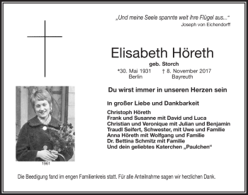 Anzeige von Elisabeth Höreth von Nordbayerischer Kurier