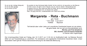 Anzeige von Margareta Buchmann von Nordbayerischer Kurier