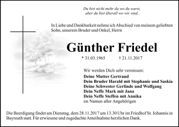 Anzeige von Günther Friedel von Nordbayerischer Kurier