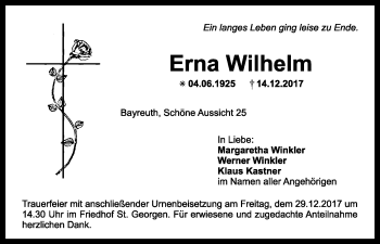 Anzeige von Erna Wilhelm von Nordbayerischer Kurier