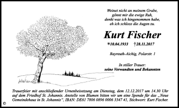 Anzeige von Kurt Fischer von Nordbayerischer Kurier