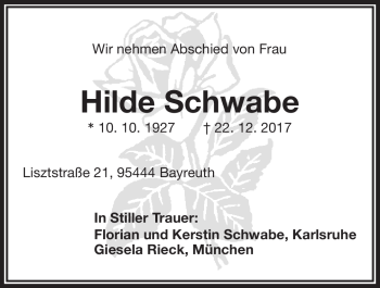 Anzeige von Hilde Schwabe von Nordbayerischer Kurier